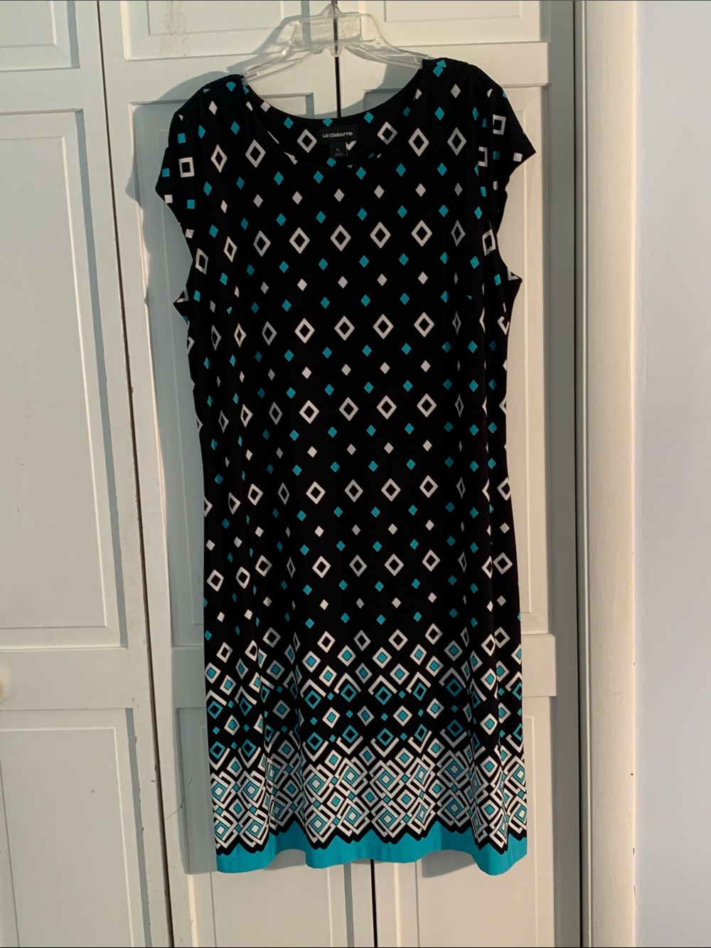 Liz Claiborne Black, Teal & White Geometric Midi Dress EUC